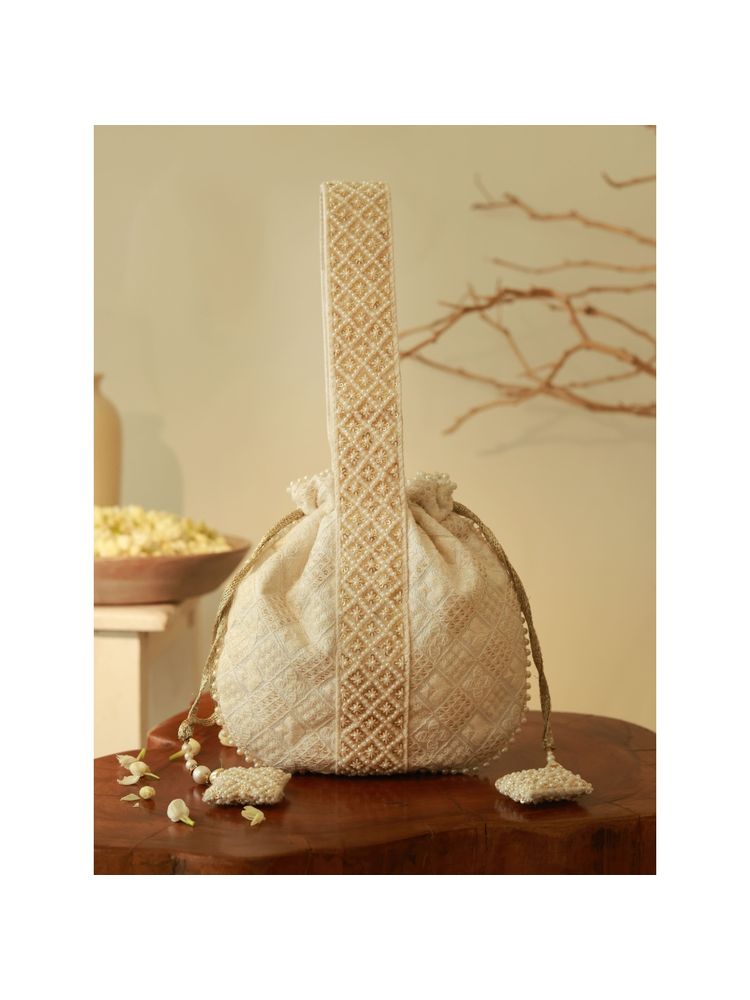THE TAN CLAN White Taj Embroidered Potli Bag-image-42