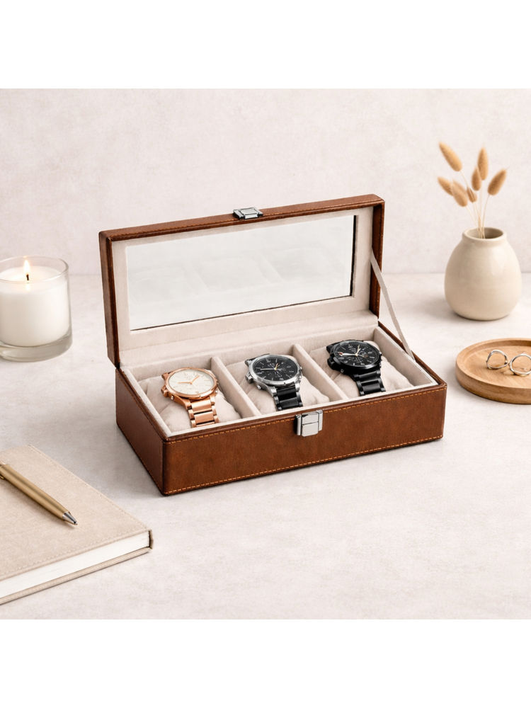 The Big Trove Brown Leatherette 3 Slot Multi-Purpose Display Box-image-4