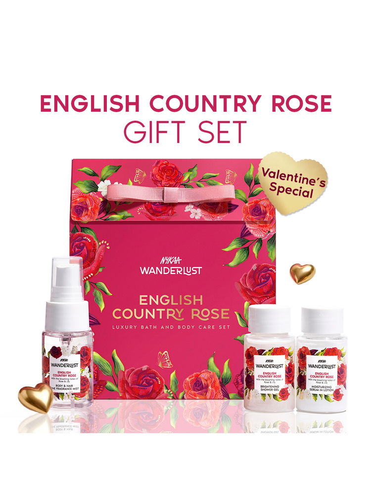 Wanderlust Valentine's Gift Set, English Country Rose (Hair & Body Mist, Body Lotion & Shower Gel)