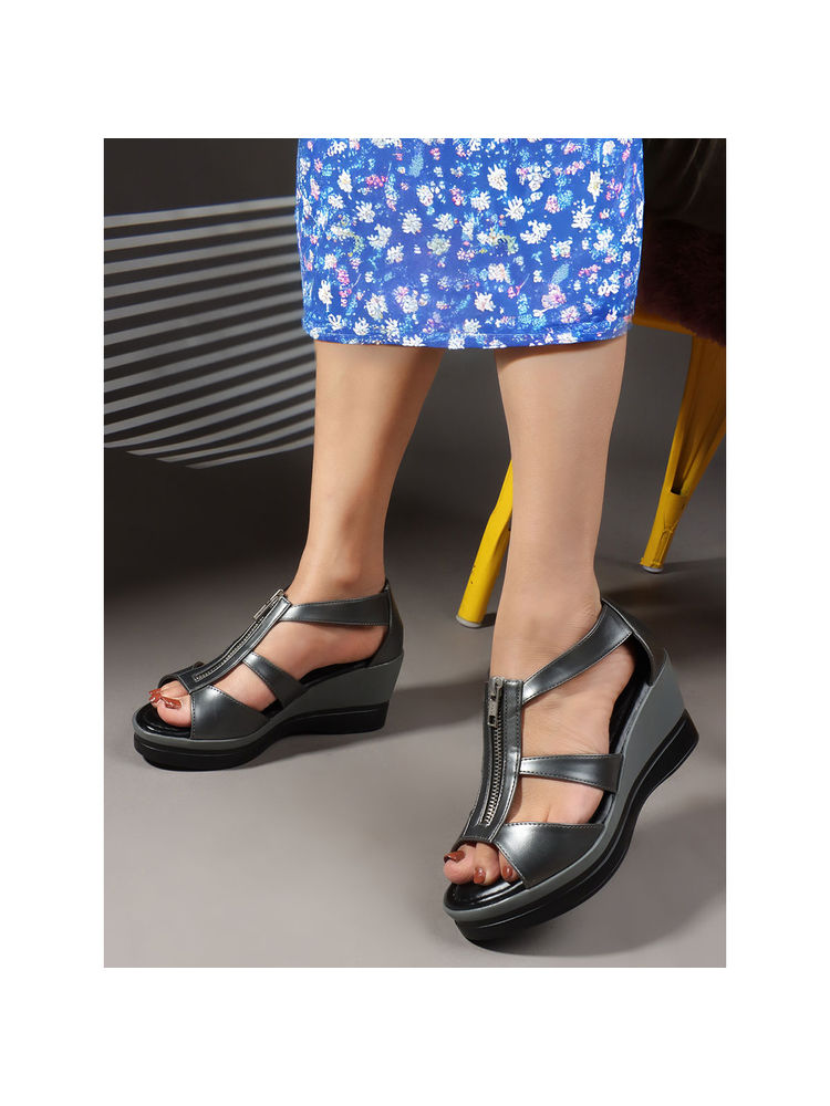 Carlton London Grey Solid Closed Back Women Wedges Heels-image-46