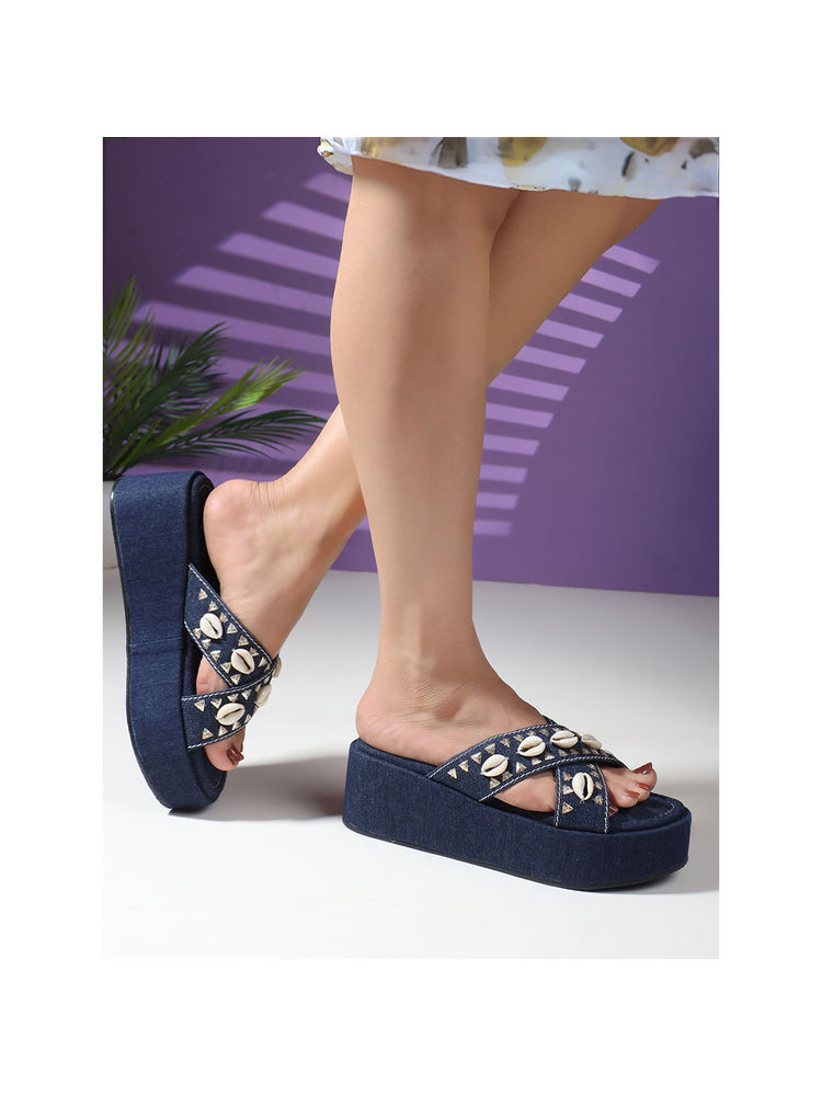 Carlton London Navy Blue Embellished Open Back Platform Sandal Heels-image-17