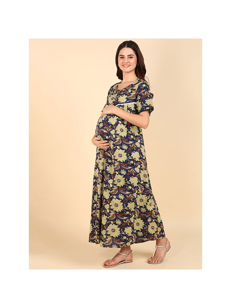 Zelena Women Cotton Half Sleeves Maternity Zipless Feeding Maxi Nighty-picture-13