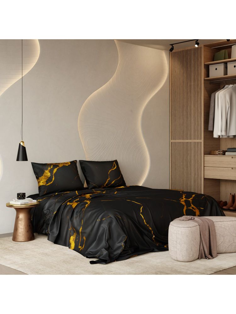 Stoa Paris Embers Dark 300 Tc Polyester Satin Bedsheet with 2 Pillow Covers (King)-image-3