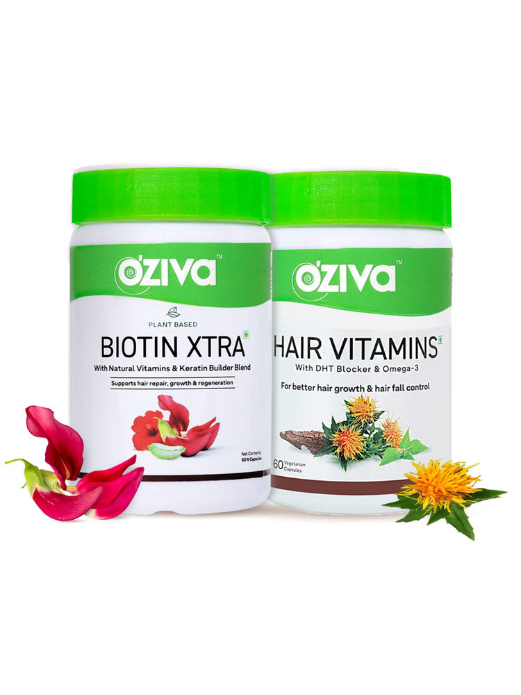 Oziva Biotin Xtra with Keratin Builder (60 Veg Biotin Capsules) + Hair Vitamins (60 Veg Capsules)