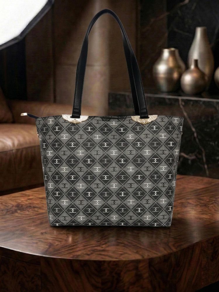 ESBEDA Grey Stylish Circle Grid Tote Bag-image-32
