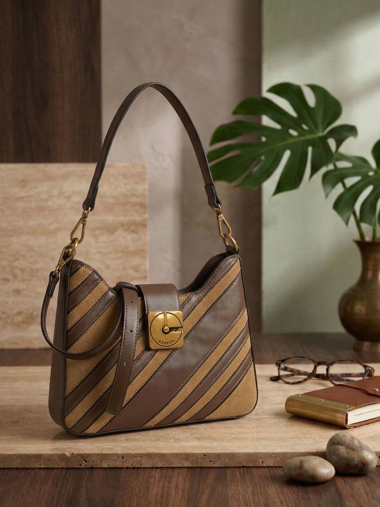ESBEDA Brown Bliss Stripe Sling Bag with Detachable Strap (M)-image-10