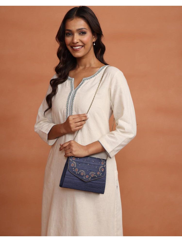 fabindia fashion Fabindia Blue Hand Embroidered Clutch with Detachable Strap (M)-picture-41