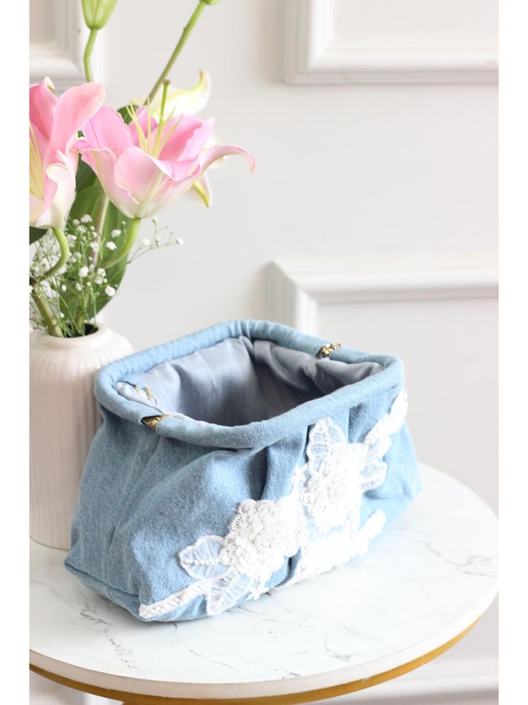 BOXWISH BY BHUMIKA Light Blue Denim Floral Sequin Clutch-image-0