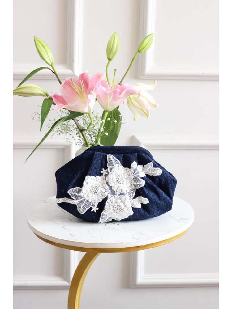 BOXWISH BY BHUMIKA Navy Blue Denim Floral Sequin Clutch-image-42