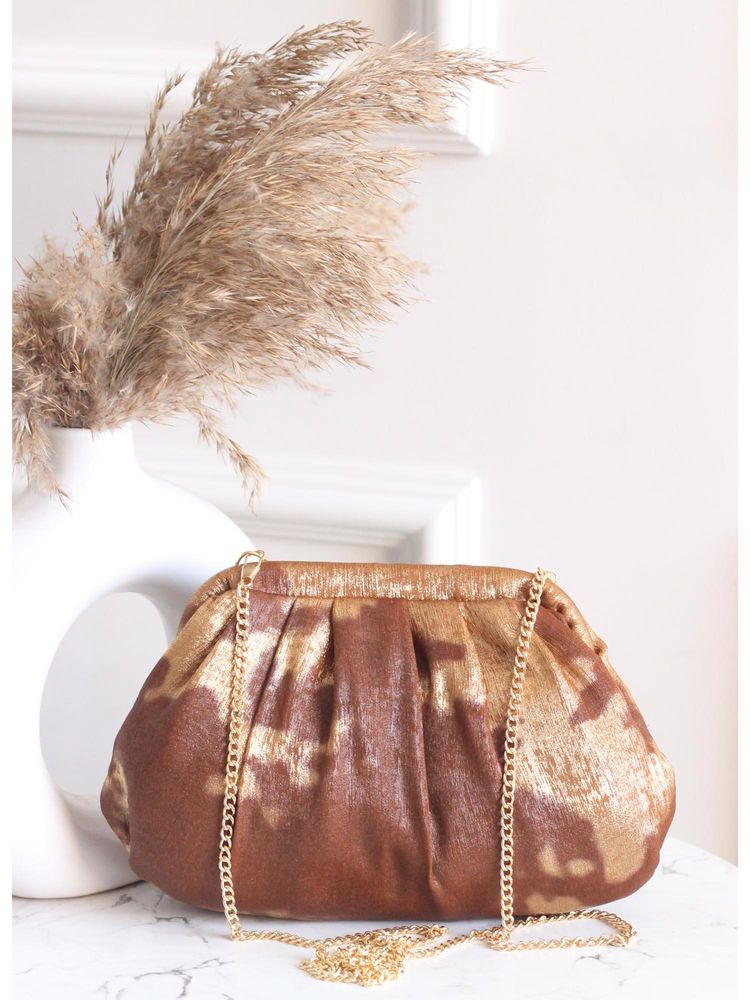 BOXWISH BY BHUMIKA Brown & Gold Metallic Pleated Clutch with Detachable Strap-image-0