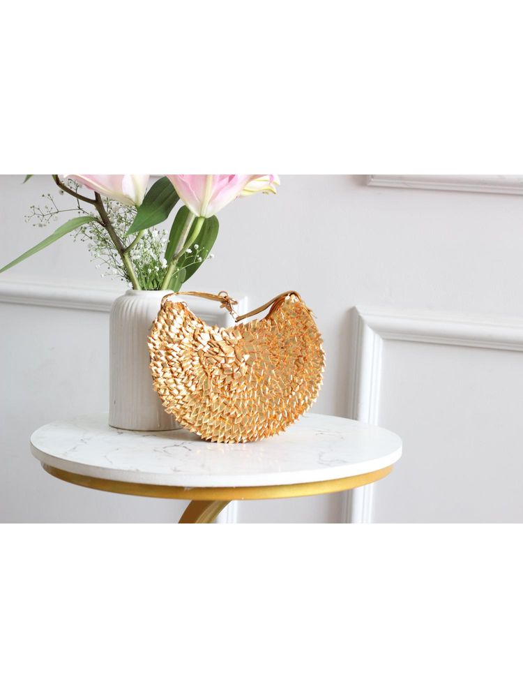BOXWISH BY BHUMIKA Gold Textured Half Moon Sling Bag-picture-25