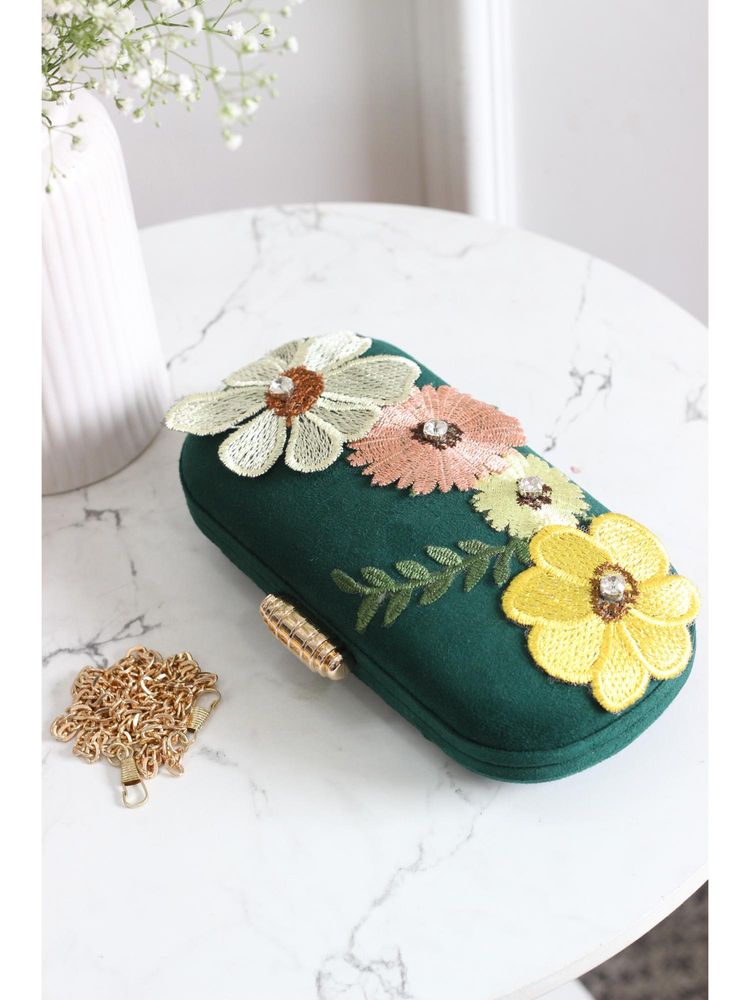 BOXWISH BY BHUMIKA Green Floral Embroidered Velvet Box Clutch-image-2