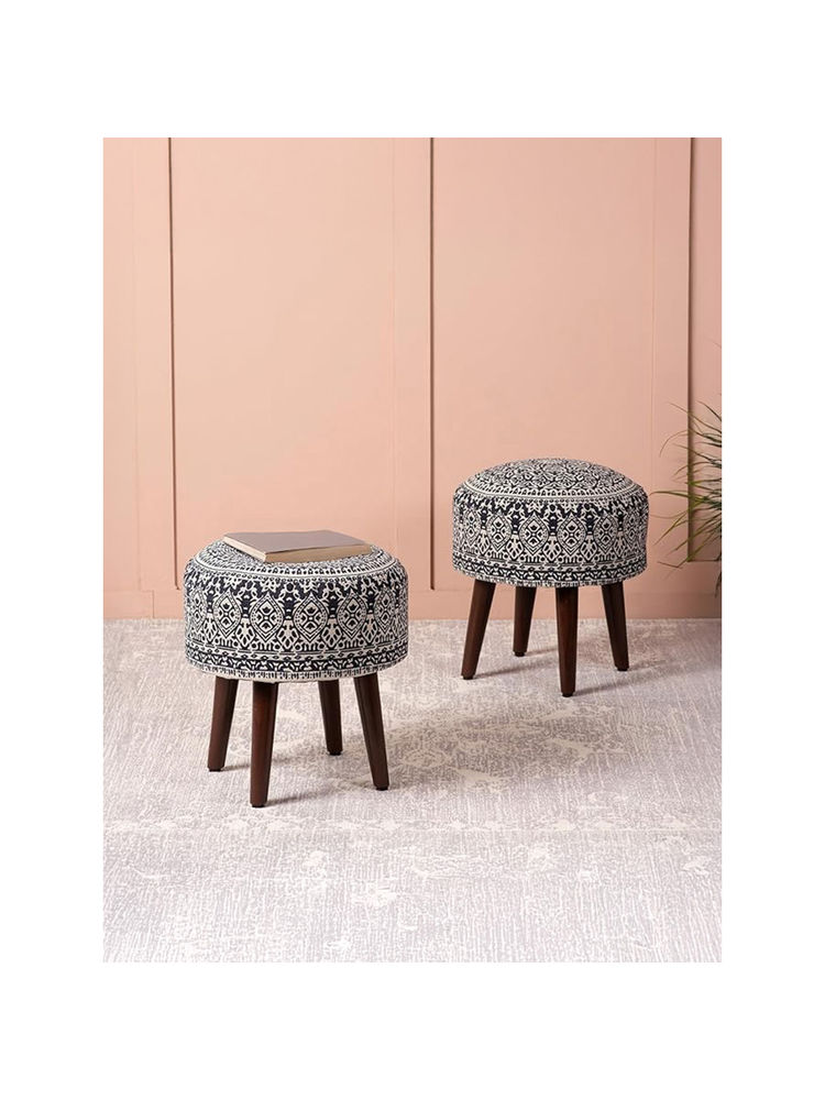 Nestroots Black Botanic Fabric Wooden Ottomans (Pack Of 2)-picture-48