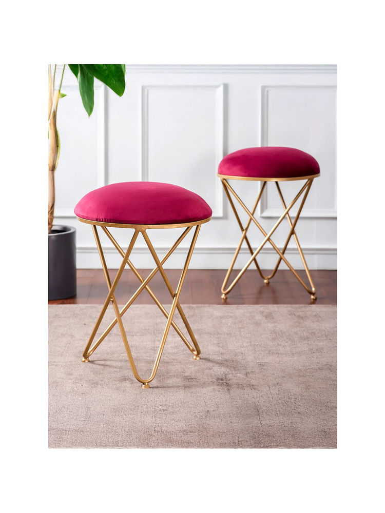 Nestroots Red Lush Velvet Cross Metallic Stools (Pack of 2)-picture-2