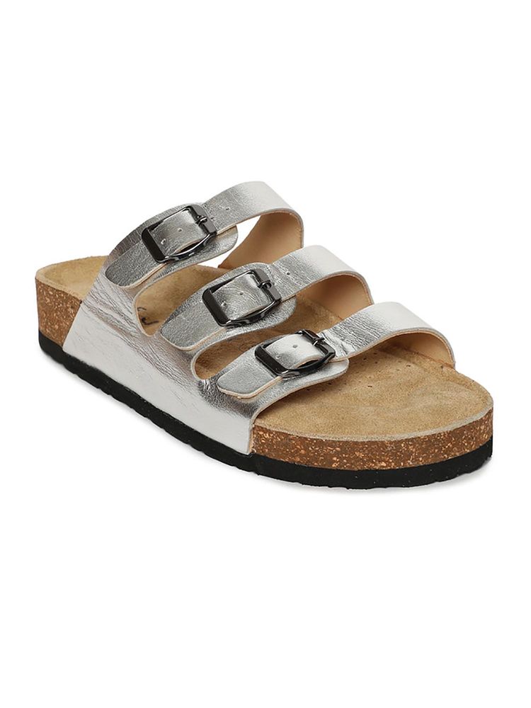 HF Journey Women Reva Silver Triple Strap Cork Footbed Sandals-image-1