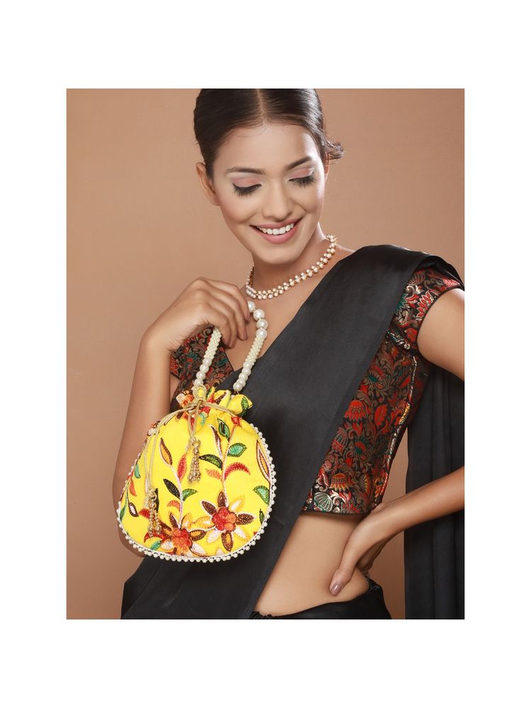 Aatmana Yellow Multi-coloured Leaf Pattern Potli Bag-picture-2