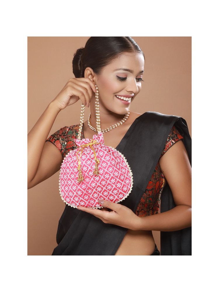 Aatmana Pink & Gold-Toned Chikan Embroidered Work Potlid Clutch-picture-15