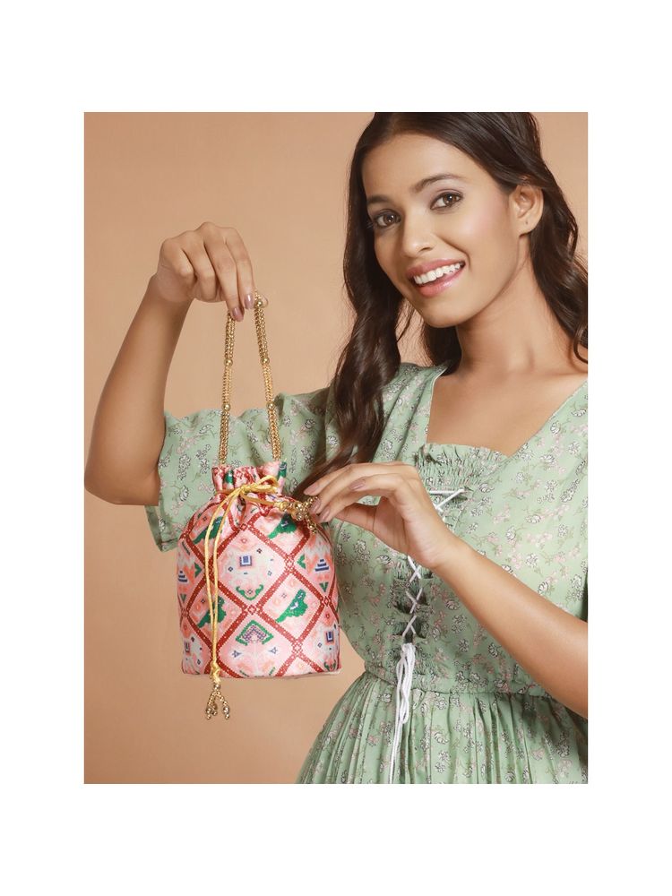Aatmana Pink & Green Parrot Pattern Potli Bag-picture-26
