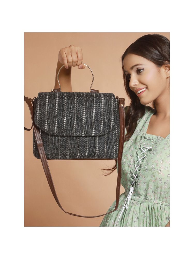 Aatmana Grey Black & White Striped Hand Bag-image-6