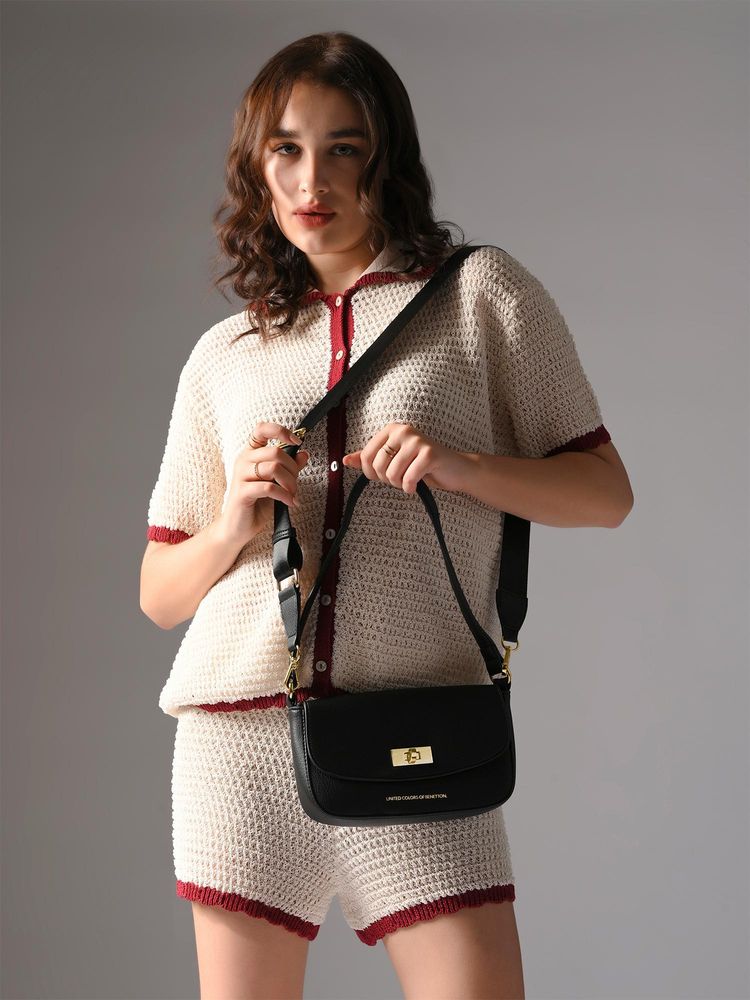 united colors of benetton fashion United Colors of Benetton Women Black Pu Textured Sling Bag with Detachable Strap-picture-20