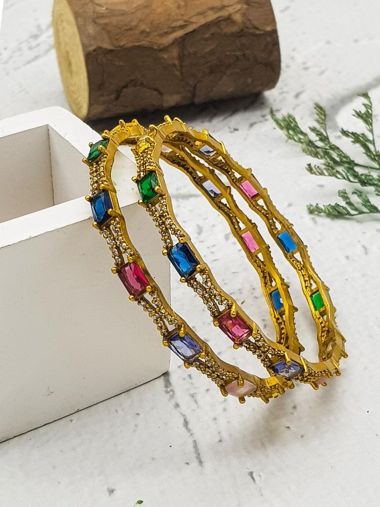 GRIIHAM Gold Plated Multi colour cz stone 2 bangles (Pack of 2)-picture-46