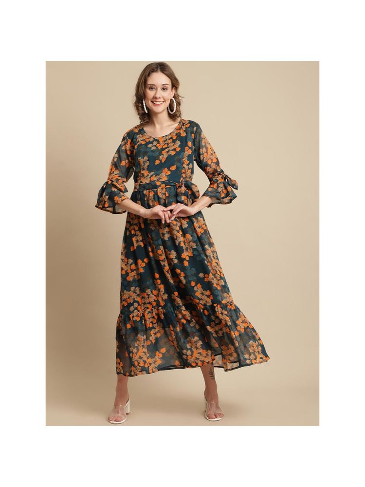 Moms Maternity Womens Maternity Floral Print Teal Color Maxi Dress with Belt (Set of 2)-picture-16