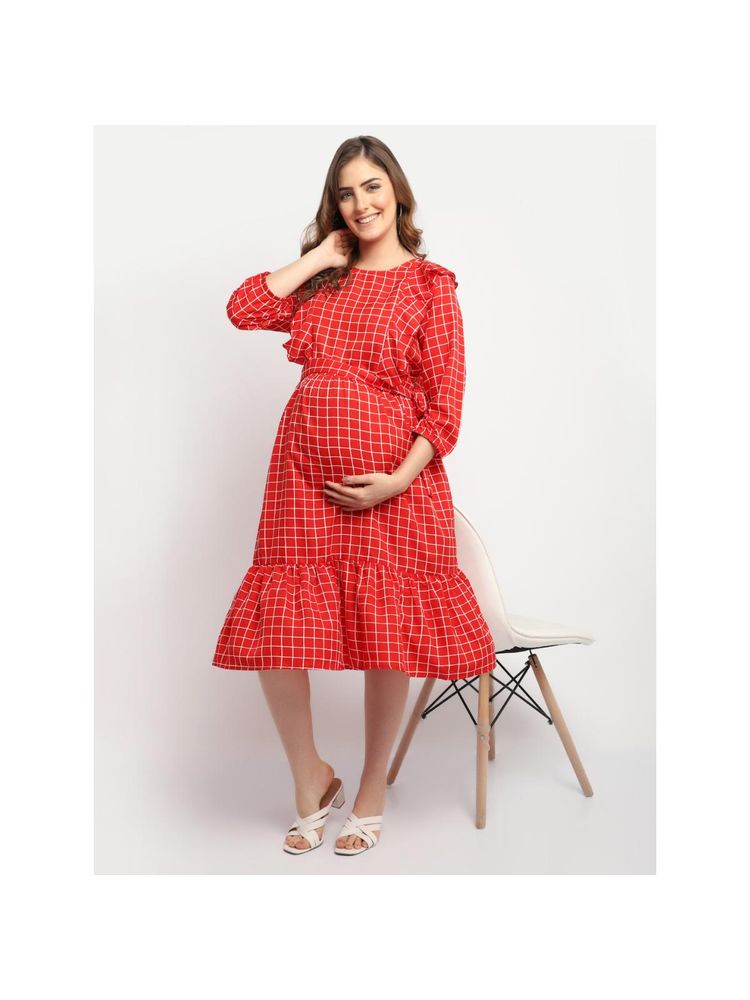 Moms Maternity Womens Maternity Crepe Checks Print Red Midi Dress with Belt (Set of 2)-picture-35