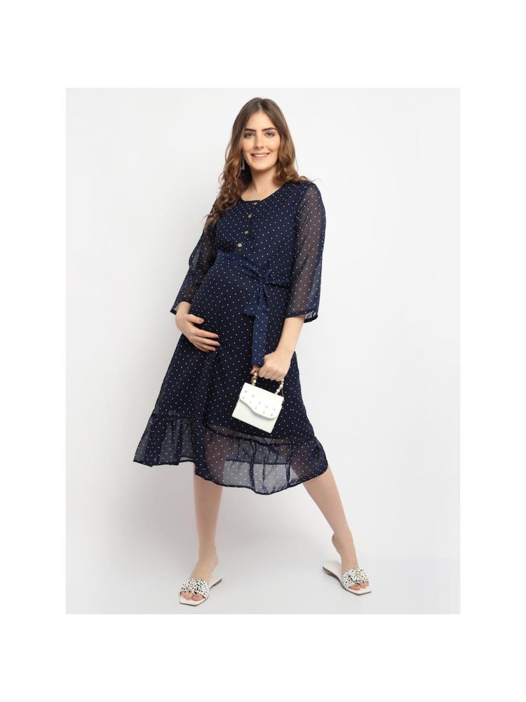 Moms Maternity Womens Maternity Polka Dot Print Navy Blue Midi Dress with Belt (Set of 2)-image-39