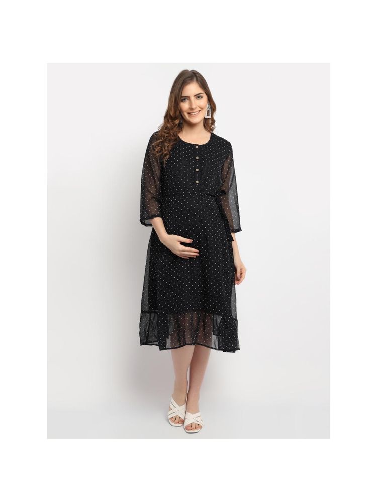 Moms Maternity Womens Maternity Polka Dot Print Black Midi Dress with Belt (Set of 2)-picture-16