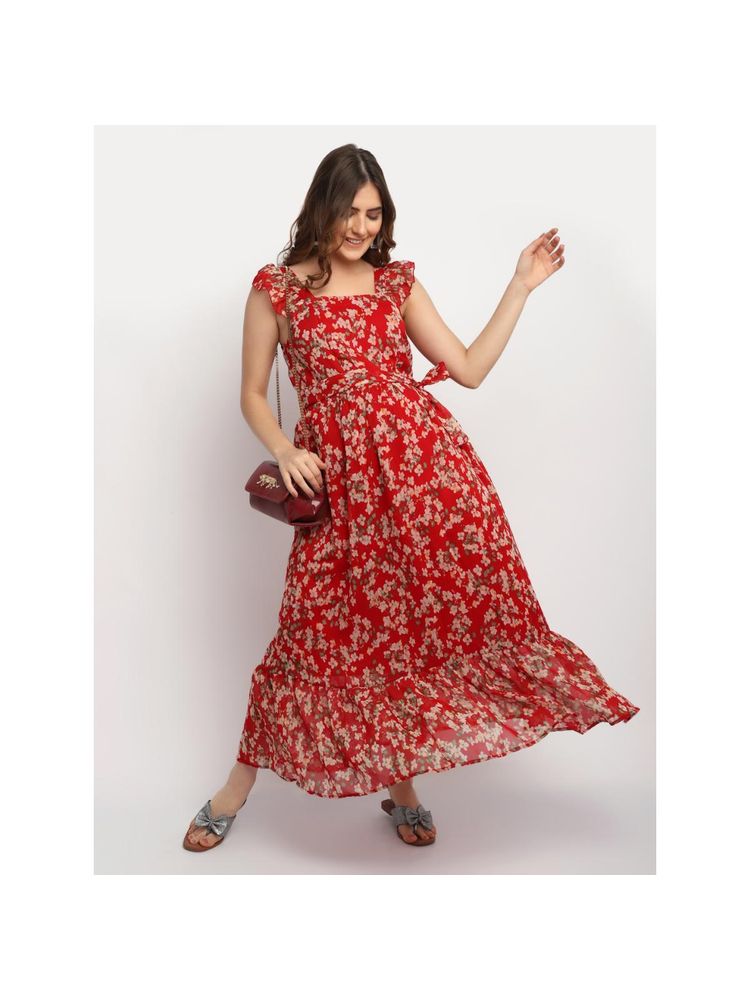 Moms Maternity Womens Maternity Georgette Floral Print Red Maxi Dress with Belt (Set of 2)-picture-11