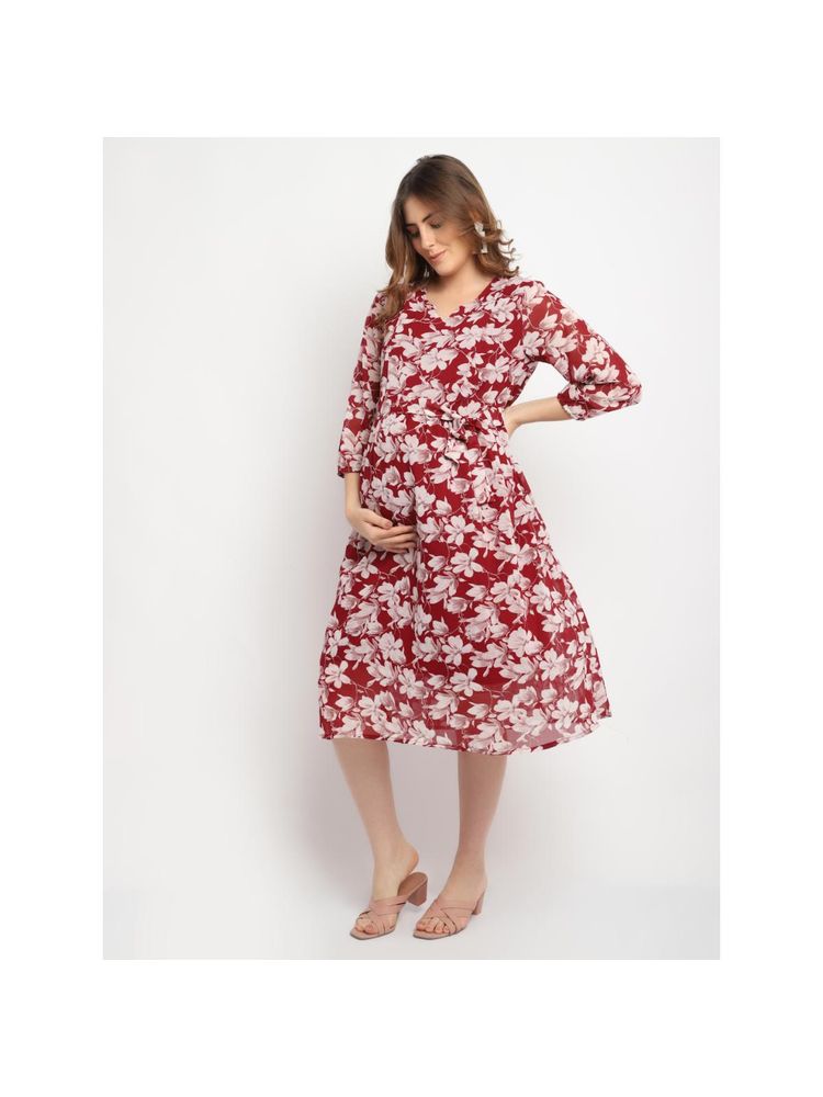 Moms Maternity Womens Maternity Georgette Floral Print Maroon Midi Dress with Belt (Set of 2)-picture-41