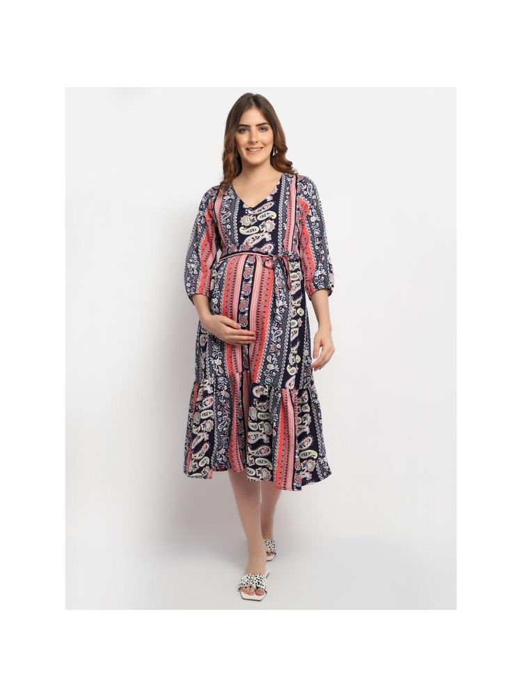 Moms Maternity Womens Maternity Crepe Floral Print Multi Color Midi Dress with Belt (Set of 2)-picture-26