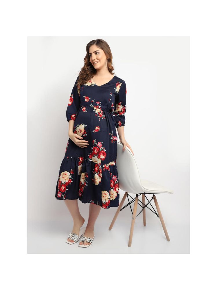 Moms Maternity Womens Maternity Crepe Floral Print Navy Blue Midi Dress with Belt (Set of 2)-picture-11