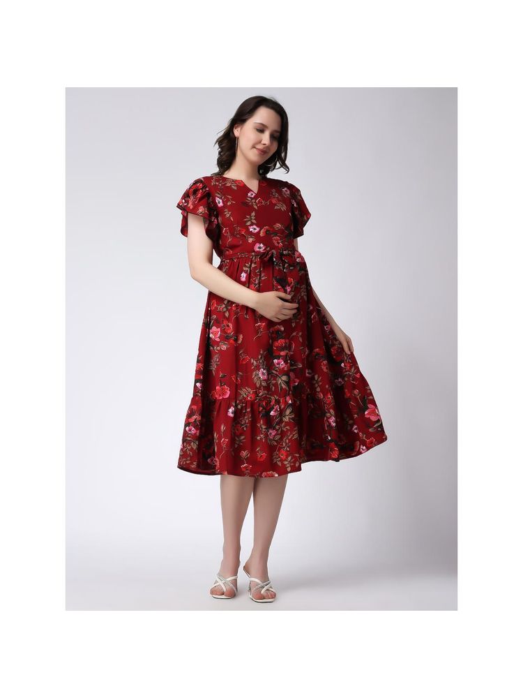 Moms Maternity Womens Floral Print Red Midi Dress with Belt (Set of 2)-picture-32