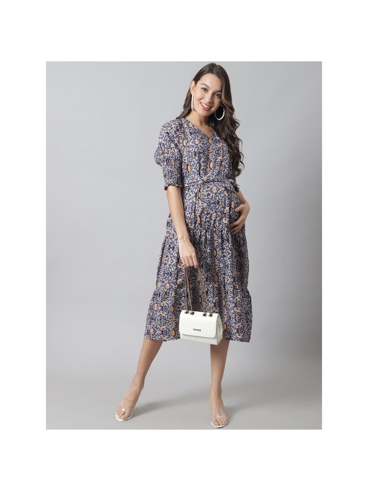Moms Maternity Womens Maternity Crepe Navy Blue Floral Midi Dress with Belt (Set of 2)-picture-28