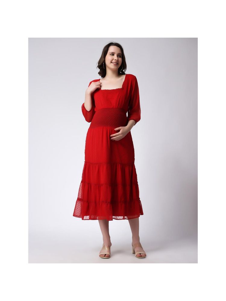Moms Maternity Womens Georgette Solid Red Butta Maxi Dress-picture-19