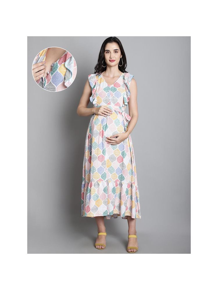 Moms Maternity Motifs Print Rayon Maxi Maternity Dress with Belt (Set of 2)-image-11