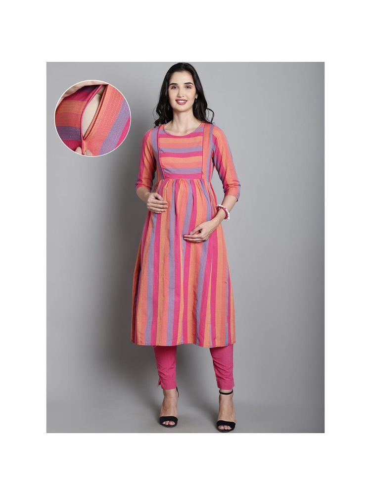 Moms Maternity Womens Sustainable Cotton Pink Maternity Striped Kurta-image-9