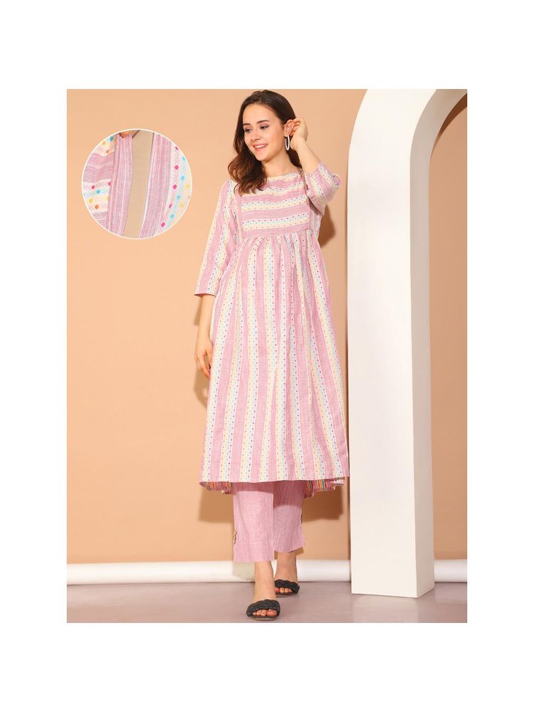 Moms Maternity Womens Ikkat Print Khadi Cotton Pink Maternity Kurta