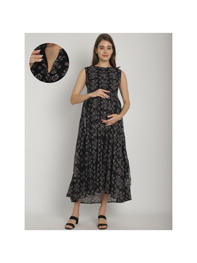 Moms Maternity Womens Floral Printed Ruffled Black Maternity Maxi Baby Shower Dress-picture-15