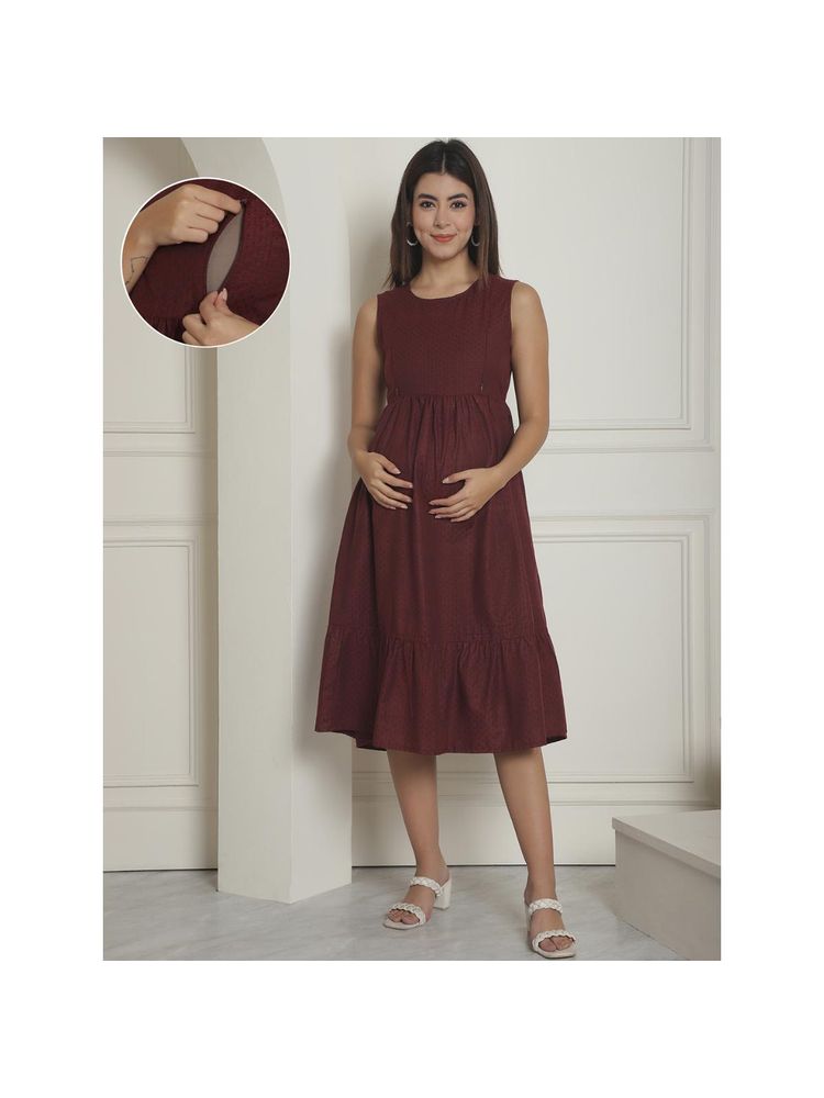 Moms Maternity Womens Black Dot Organic Khadi Cotton Maroon Maternity Midi Dress-picture-34