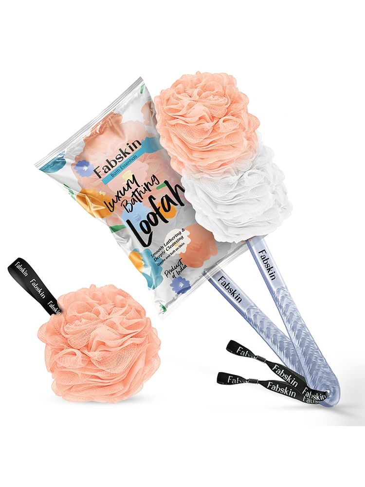 Fabskin Loofah Duo Pack- Bath Brush With Long Handle & Round Loofah- For Men & Women- Peach & White-image-36