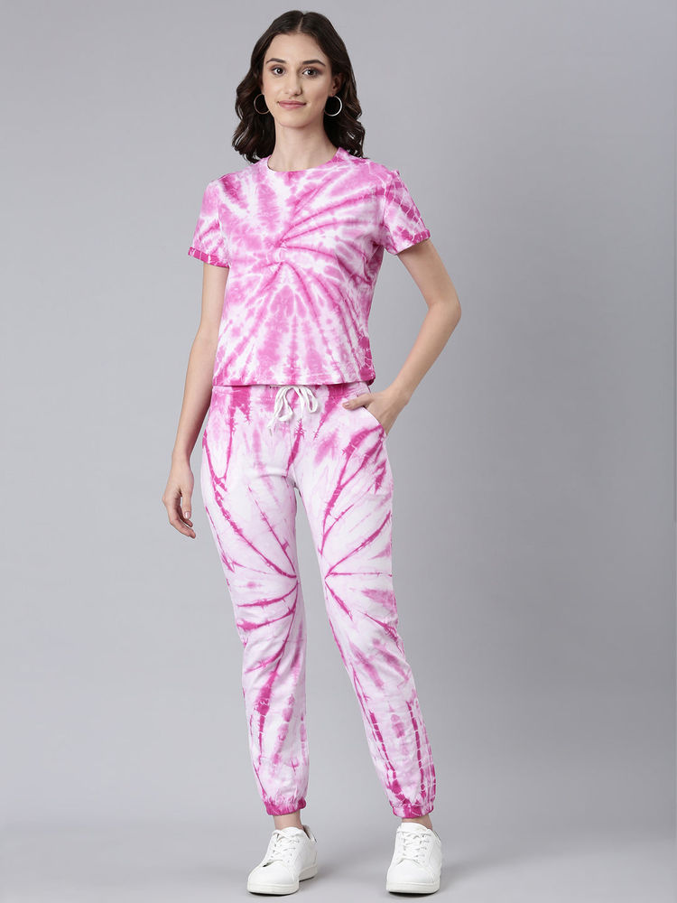SHOWOFFFF Women Short Sleeves Tie and Dye Round Neck Knitted Pink Tracksuit-picture-24