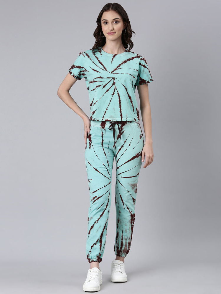 SHOWOFFFF Women Short Sleeves Tie and Dye Round Neck Knitted Sea Green Tracksuit-picture-12