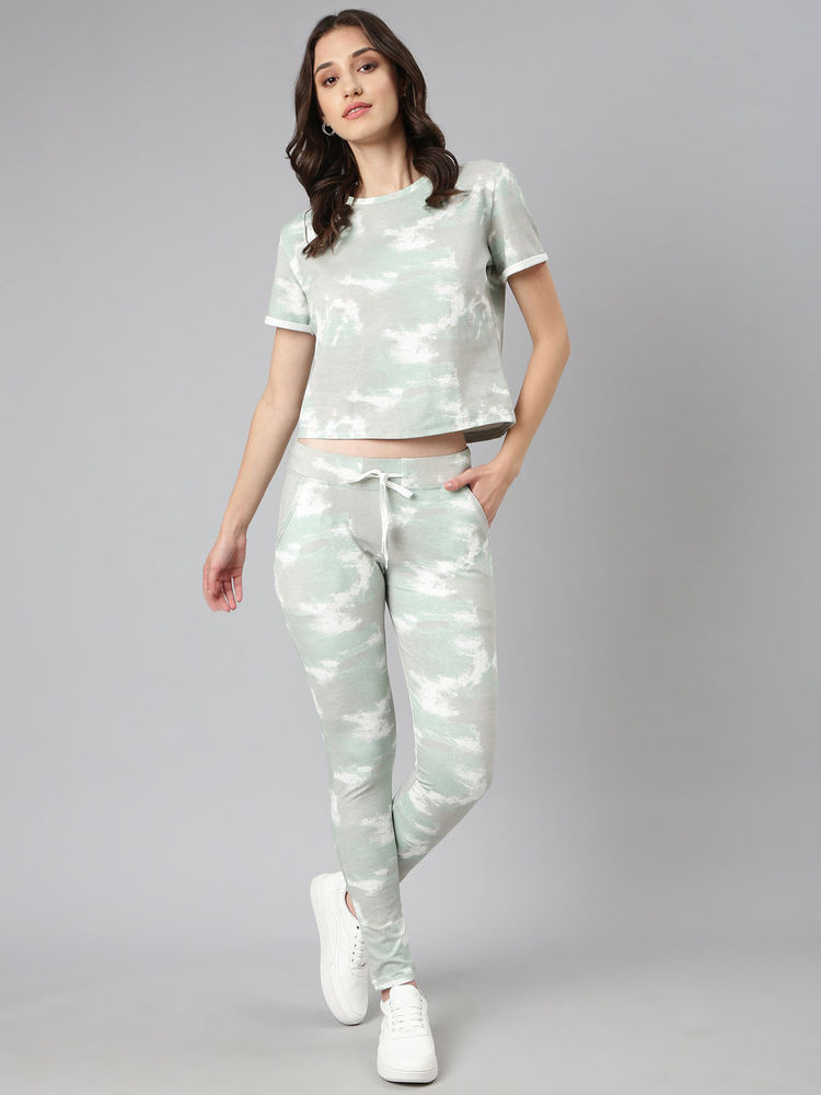 SHOWOFFFF Women Short Sleeves Tie and Dye Round Neck Knitted Sea Green Tracksuit-picture-34