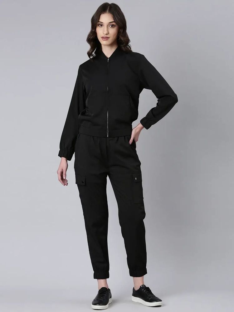 SHOWOFFFF Women Long Sleeves Solid Mandarin Collar Black Tracksuit-picture-10