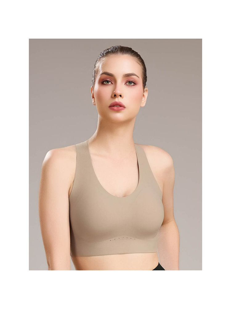 SOIE Women Padded Non Wired Full Coverage Seamless Sports Bra with Criss-Cross Back Brown-picture-39