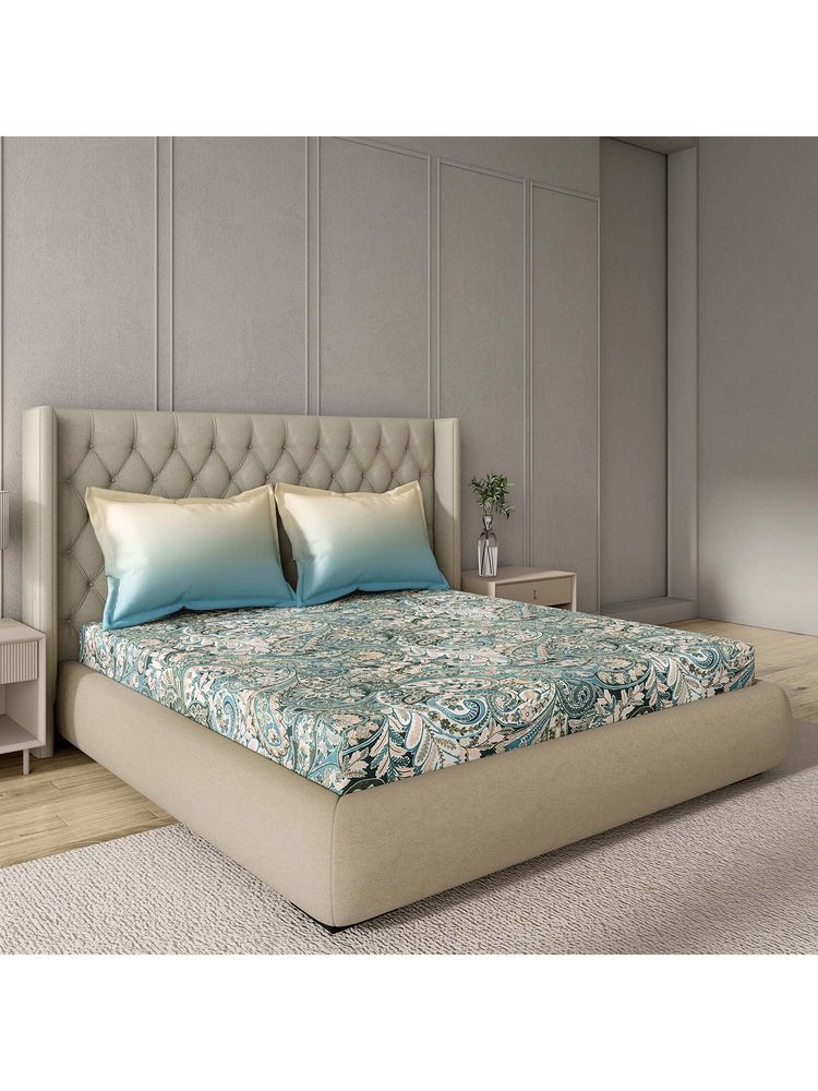 GM 100% Cotton Blue Digital Printed 144TC King Bedsheet with 2 Pillow Covers-image-5