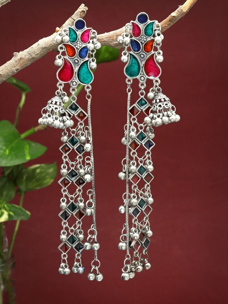 Moedbuille Meenakari Work Tribal Tasselled Design Oxidised Silver Plated Kashmiri Earrings-image-18