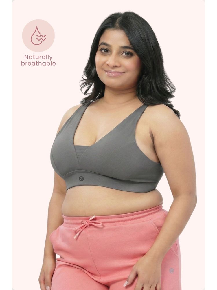 Zelena Cotton Maternity Nursing Bra Wirefree Full Coverage Feeding Bra Dark Grey-image-34